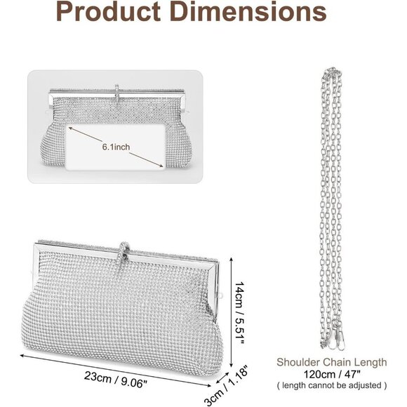 🆕Women Silver Polyester Crystal Rhinestone Evening Clutch Purse Crossbody - Picture 2 of 7